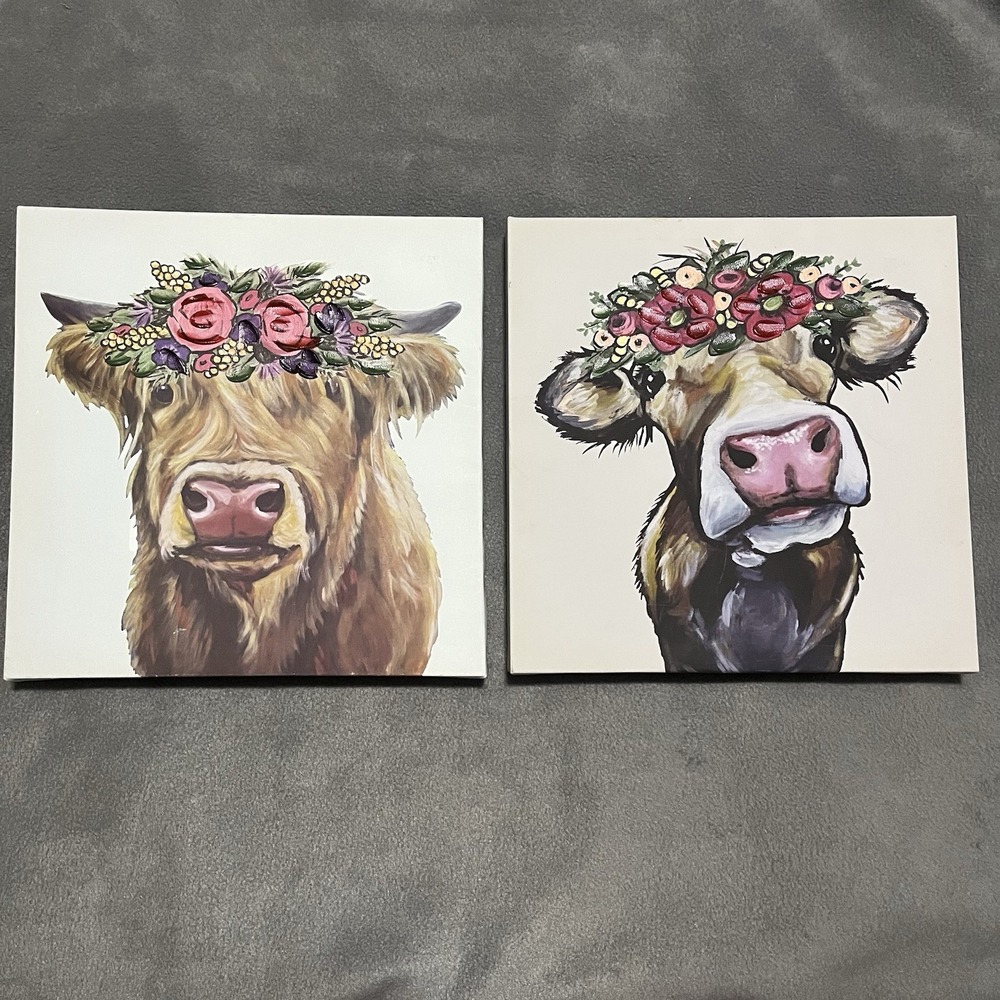 Set/2 Country Farmhouse Canvas‎ Prints Rustic Decor Cow Pink Flowers